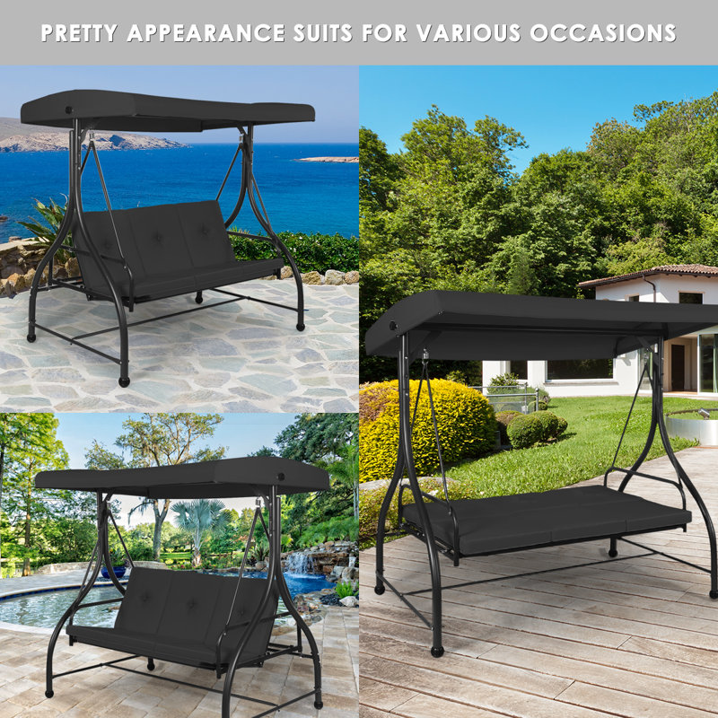 Black Adjustable Steel Frame 3-Seat Outdoor Swing with Canopy
