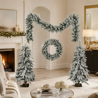 Pre-lit Christmas Artificial Tree 4-Piece Set with LED Lights, Garland, Wreath, and Entrance Trees for Festive Celebrations, Green