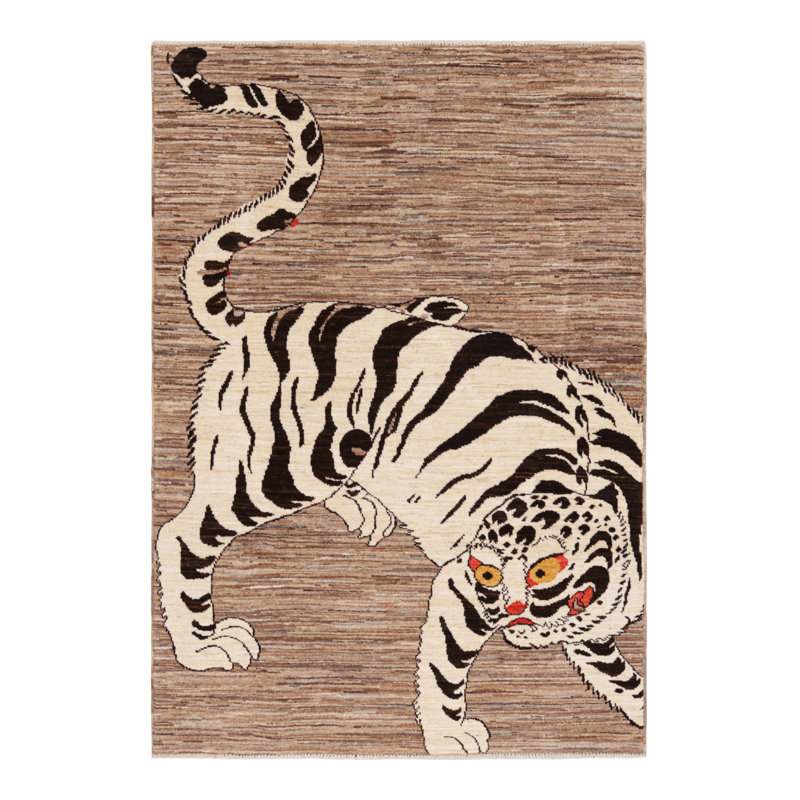 Rug & Kilim’S Contemporary Tiger Pictorial Rug In White And Black Tones