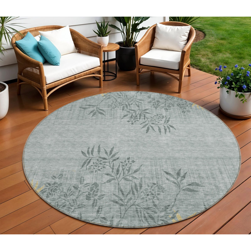 8' Charcoal Round Floral Washable Indoor Outdoor Area Rug
