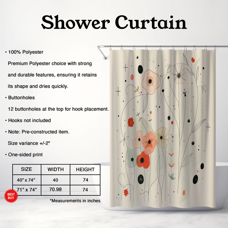 Rideau de douche standard 1 pièce Sketch Blooms, H 74 po x l 71 po