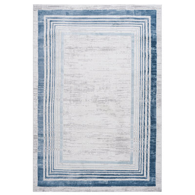 Loom & Luxe Collection 2X3 Blue/Ivory/Bordered Non-Shedding Living Room Bedroom Dining Home Office Stylish And Stain Resistant Area Rug