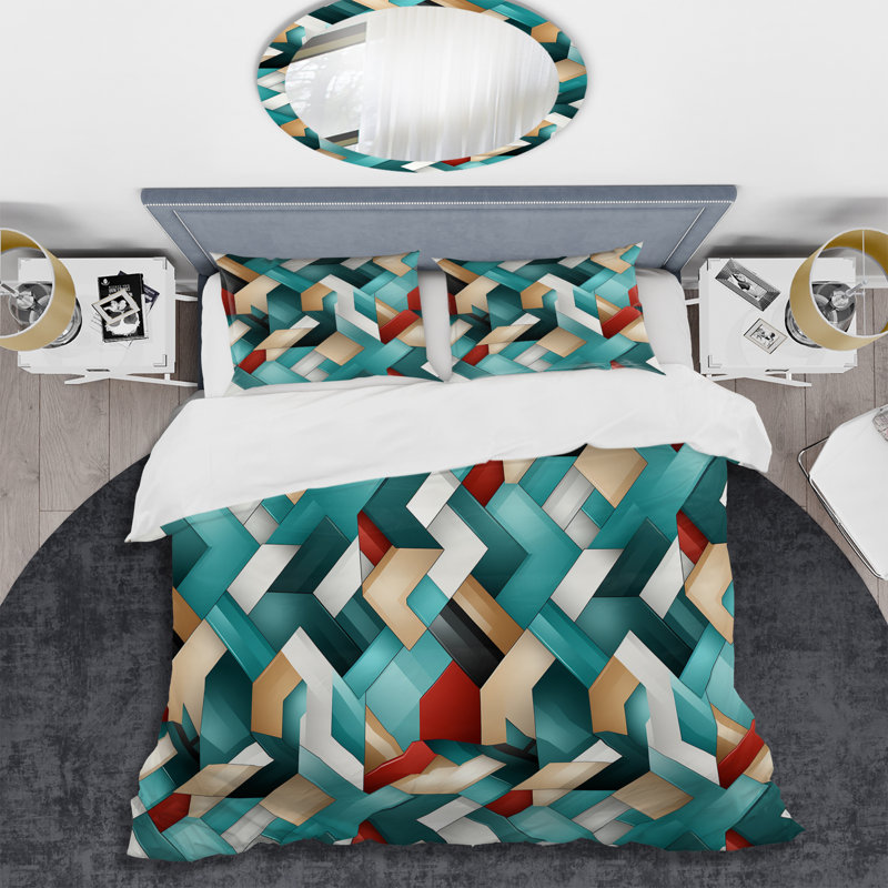 Ensemble de housse de couette Teal Modern Geometric Tiles III - Geometric, Housse de couette pour grand lit et 2 taies décor