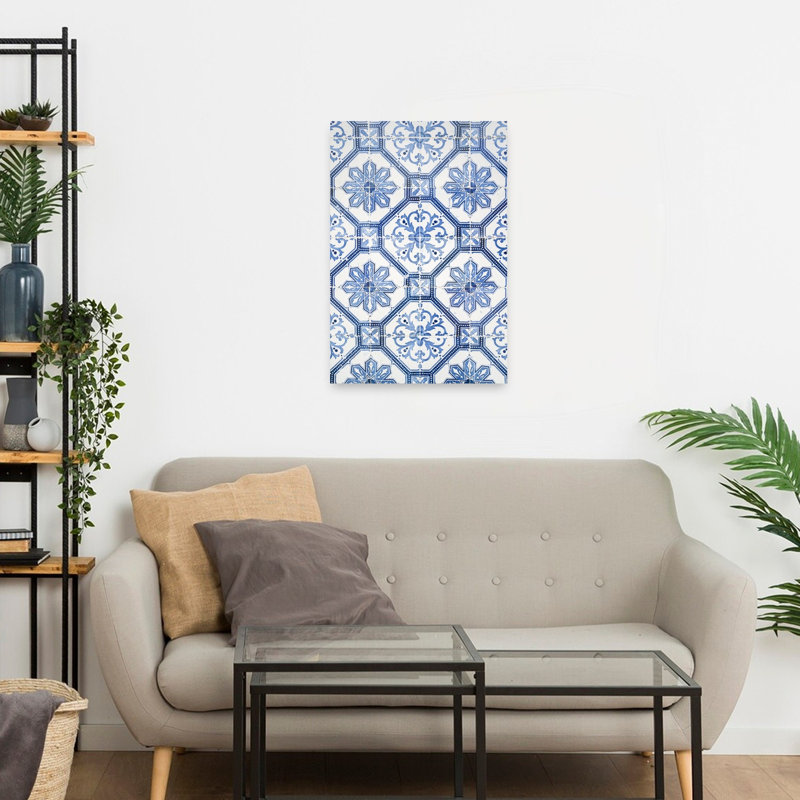 Motif azulejo bleu à motif géométrique classique, H 24 po x l 16 po