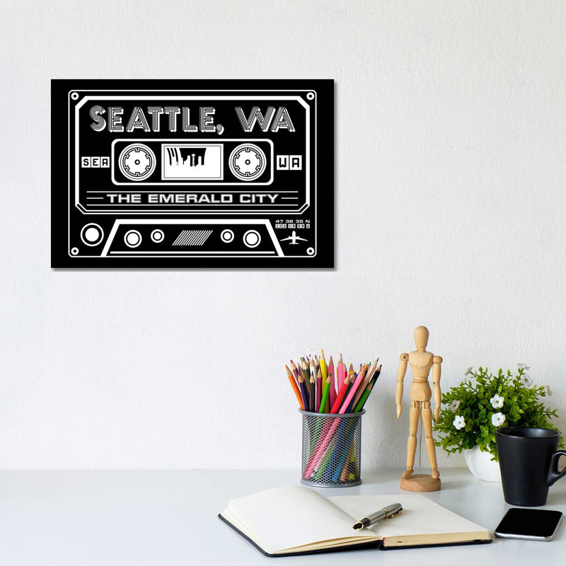 Seattle Cassette - Dark Background 1 Piece Wrapped Canvas Wall Art, 20.32 cm H x 30.48 cm W