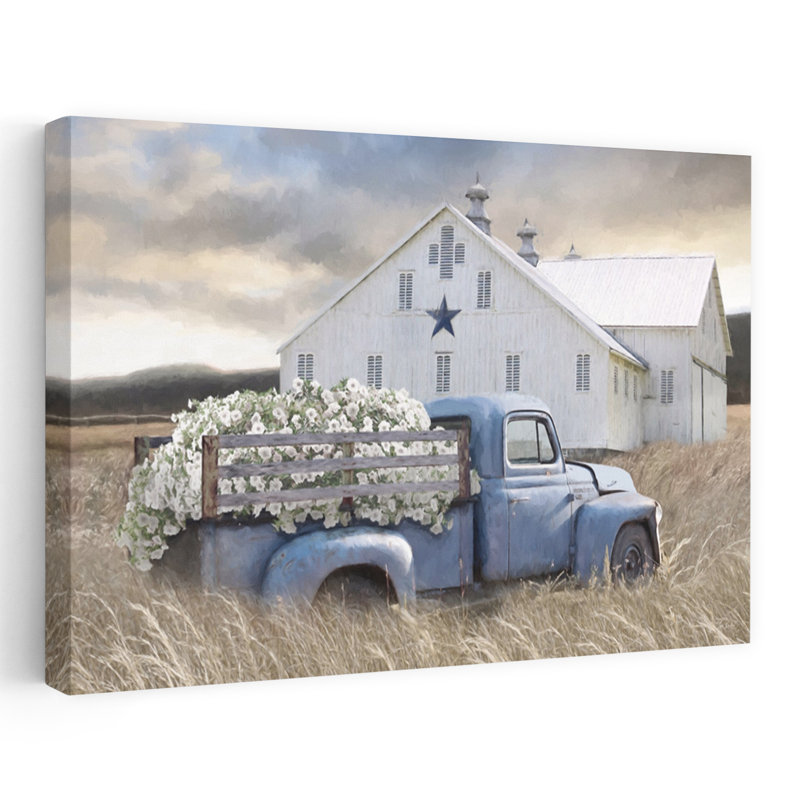 The Old Star Barn - Modern Farmhouse Vintage, camion rétro bleu, fleurs blanches, art rustique, H 24 po x l 36 po