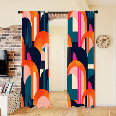 Rideau filtrant la lumière à motif géométrique abstrait 2 pièces avec motif de blocs de couleurs vives, décor moderne de style Mid-Century, passe-tringle facile à accrocher pour le cabinet d'étude de la chambre à coucher
