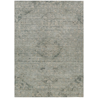 5' X 8' Sage And Beige Floral Washable Indoor Outdoor Area Rug