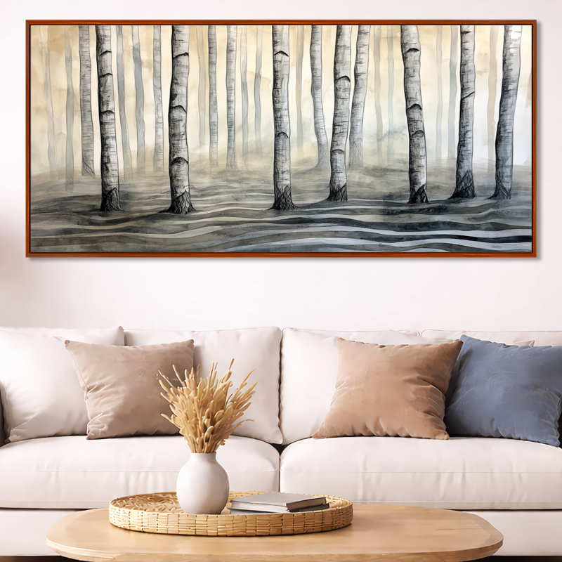 Art mural aube de bouleau, toile de forêt du lever du soleil, forêt de bouleaux, H 28 po x l 60 po, Cadre flottant brun