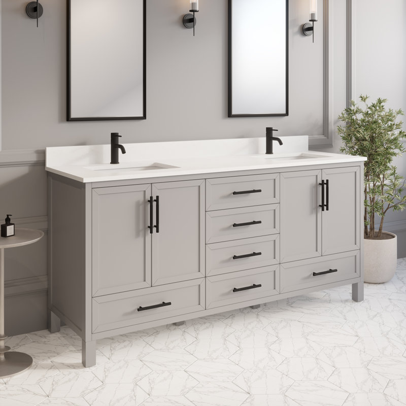 Ensemble de meuble-lavabo double en bois massif l 72 po x P 22 po Houston II avec rangement discret et plateau en pierre, 72"