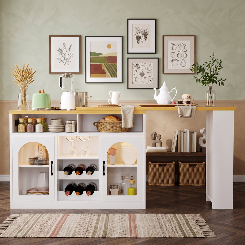 Buffet moderne à éclairage DEL avec plateau coulissant extensible, portes en acrylique, casier à vin, étagères réglables et prise latérale