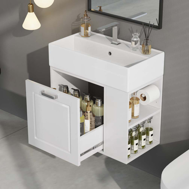 Meuble-lavabo de salle de bain avec lavabo, armoire flottante murale, grand tiroir et tablette réglable, Blanc