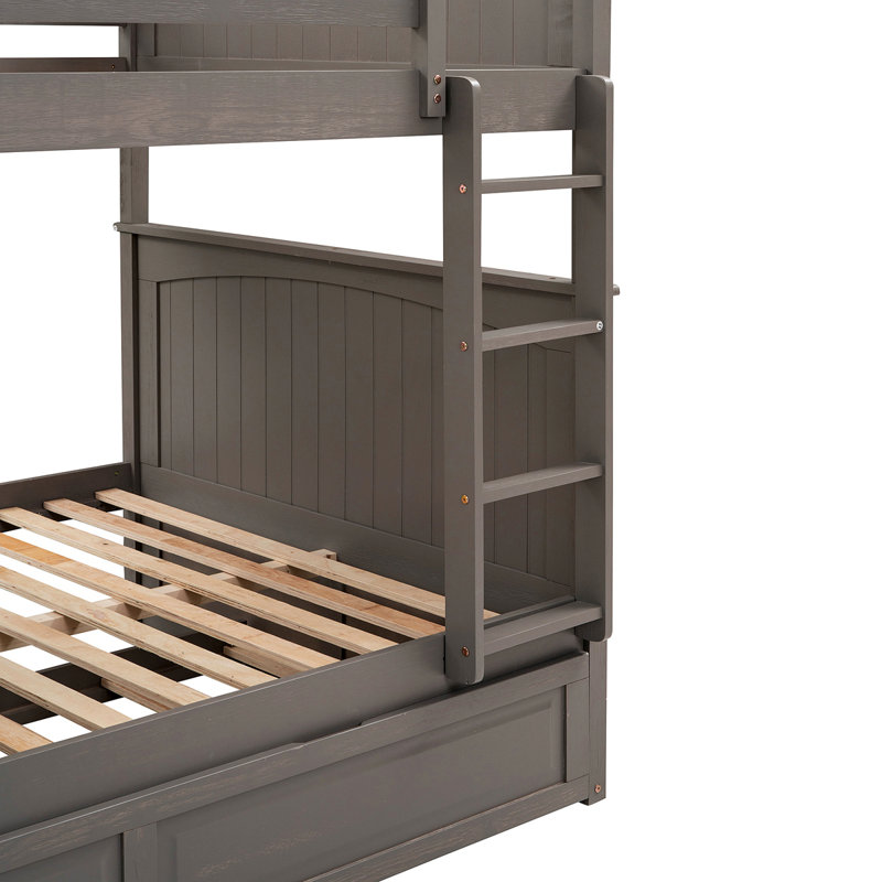 Lit superposé avec lit gigogne, lit superposé en bois de pin avec garde-corps, Gris