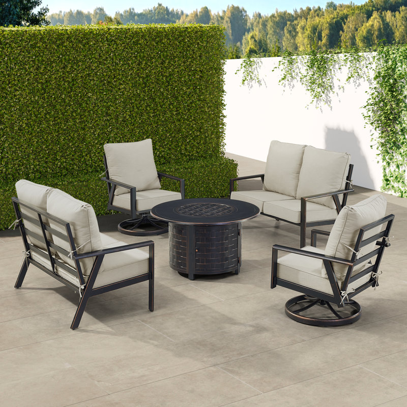 Ensemble de table de foyer en aluminium noir avec deux causeuses et deux fauteuils club CHo Club, Gris clair