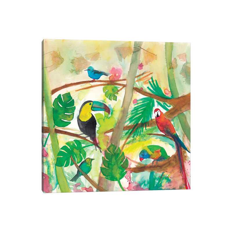 Oiseaux tropicaux - imprimé, H 48 po x l 48 po x 1,5 po, Toile tendue, Pas de tapis