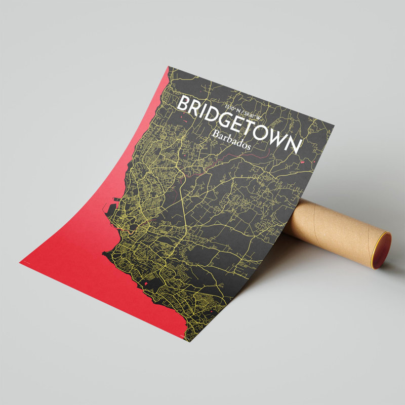 «Bridgetown City Map», impression, Noir / rouge / jaune, H 24 po x l 18 po
