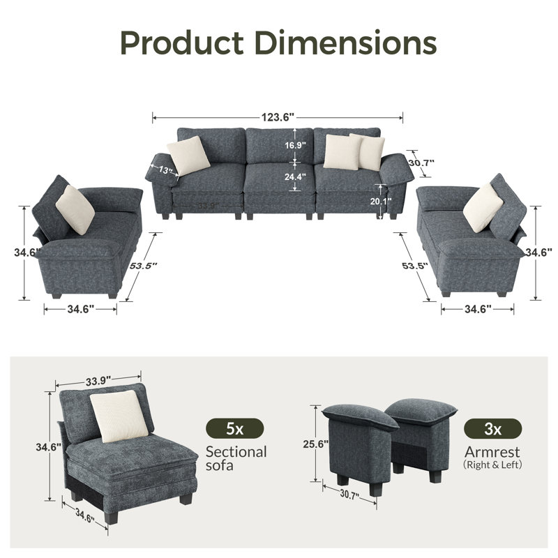 Ensemble de canapé modulaire rembourré 3 pièces, ensemble de canapé surdimensionné avec canapé et fauteuils