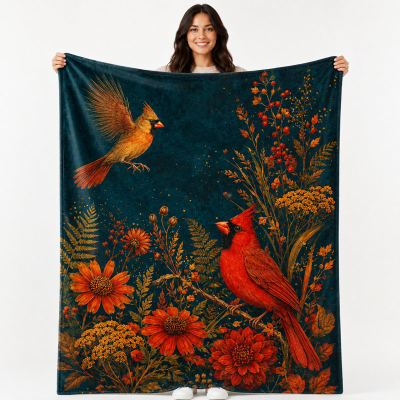 Jeté Autumn Cardinal avec oiseaux rouges, branches de fleurs sauvages et de baies, couche de flanelle pour canapé, chambre à coucher, coin lecture et espaces rustiques