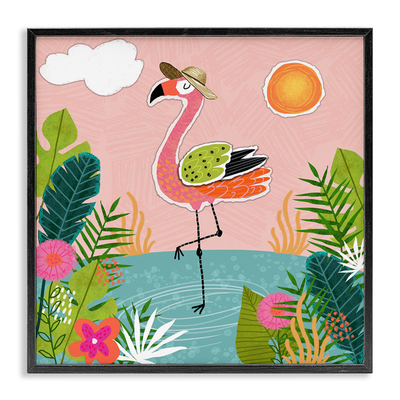 «Tropical Flamingo Pond», estampe numérique par Tina Finn, H 17 po x l 17 po, Giclée encadrée noir minuit