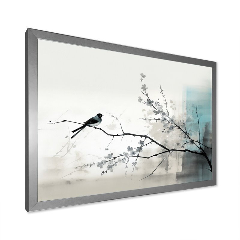«Asian Art Sumi Bird Serenity», reproduction d'art sur toile encadrée, H 16 po x l 32 po x P 1 po, Cadre photo argenté