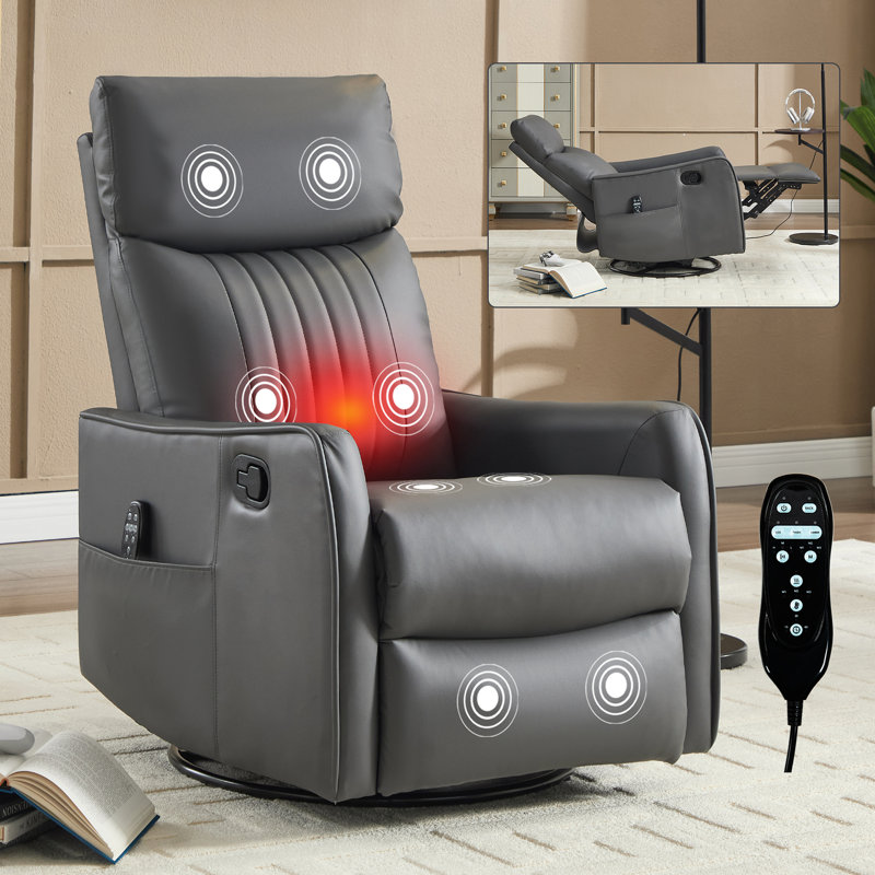 Faux Leather Heat Massage Manual Recliner Chair With Rocker And Swivel, Gray