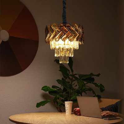 Lustre en cristal moderne avec prismes K9 - Plafonnier réglable à 3 niveaux pour la salle à manger, le salon et le vestibule - Design à 3 lumières à intensité variable