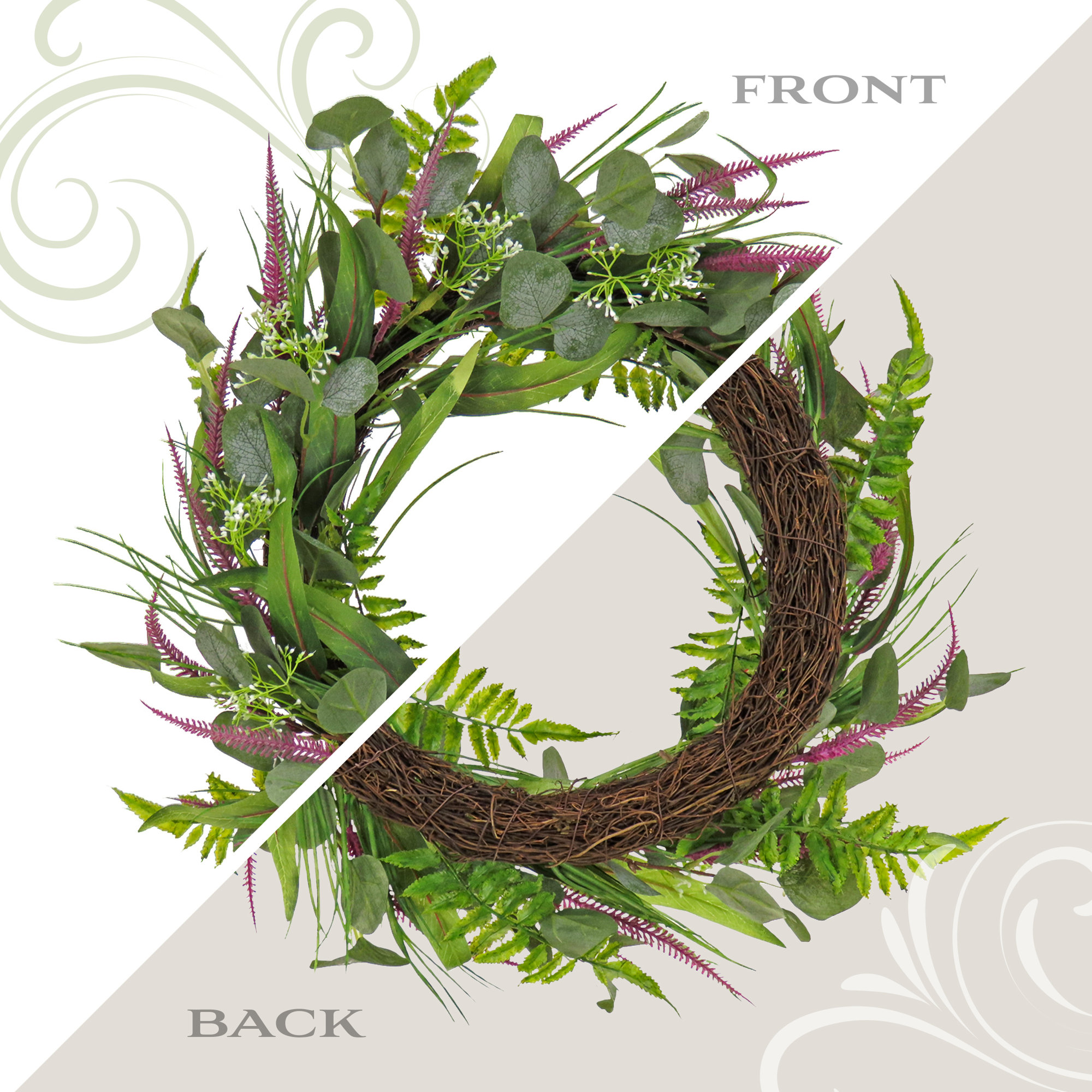 22 inch Artificial Spring Wreath with Eucalyptus Leaves, Lavender, Flowing Green Stems