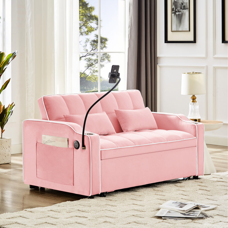 Lit rose polyvalent avec dossier réglable, support de charge et support pour téléphone, support de cendrier, Rose