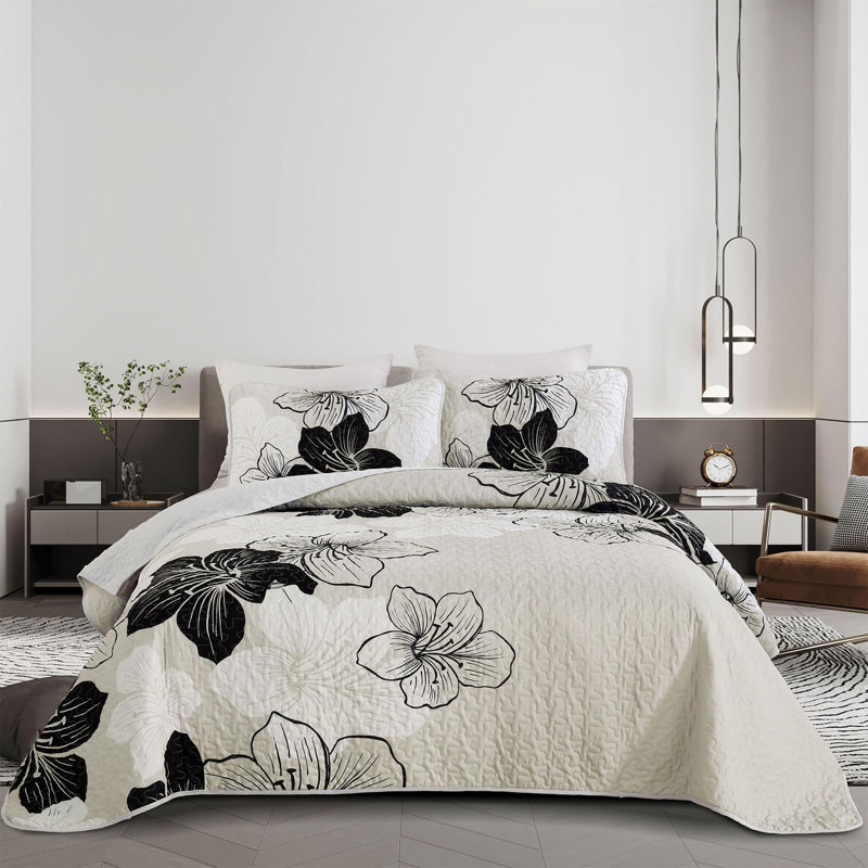 Ensemble de courtepointe à motif floral 3 pièces avec taies décoratives, Courtepointe très grand et 2 très grandes taies