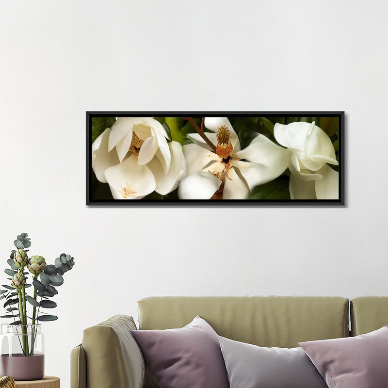 « close-up of magnolia florals », reproduction de photo sur toile, H 24 po x l 72 po x P 1,5 po, Cadre noir