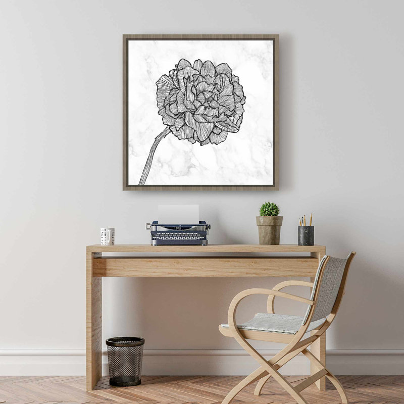 Décoration florale de pivoines vives - cadre blanc monochrome, Blanc / Gris / Noir, Brun