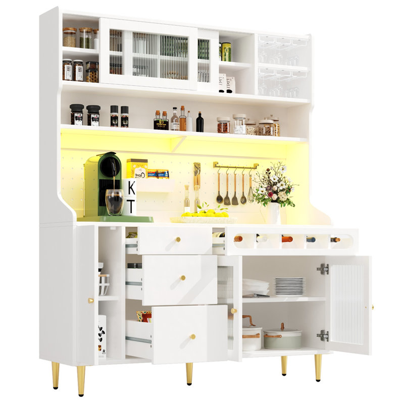 120×40×188cm Farmhouse Sideboard with Fluted Glass Doors, App-Controlled LED & Built-in Drink Holders, 4-Door Buffet Storage Cabinet in Black / White