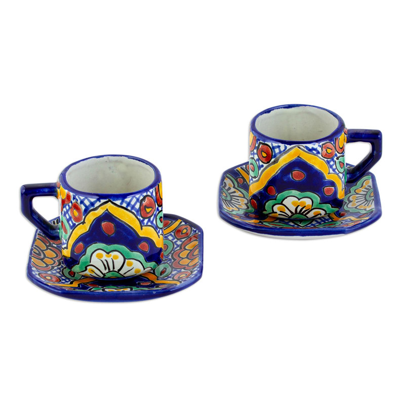 Ensemble de 2 tasses et soucoupes en céramique fabriquées à la main Bungalow Rose Hidalgo Fiesta