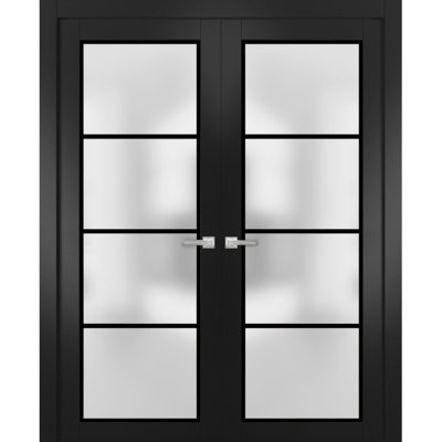 Solid French Double Doors | Planum 2132 Frosted Glass | Wood Solid Panel Frame Trims | Closet Bedroom Sturdy Doors