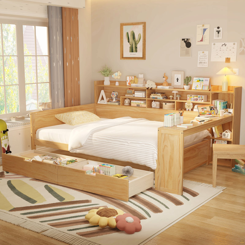 Lit de jour double en bois avec tablettes de rangement, lit multifonctionnel avec deux tiroirs de rangement et bureau d'étude