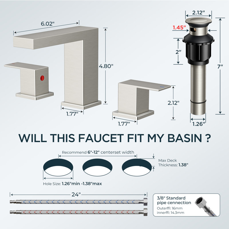 Widespread 2-handle Bathroom Faucet with Drain Assembly, Stainless Steel, 1.5