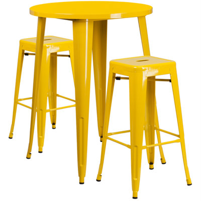 Ensemble de table de bar ronde d'intérieur / extérieur en métal orange de qualité commerciale avec 2 tabourets sans dossier