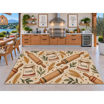 Tapis d'extérieur 152 x 213 cm (5 pi x 7 pi) à motif de rouleau à pâtisserie en toile de jute, motif de marguerites et de blé, tapis bouclé en PVC épais et imperméable, séchage rapide, idéal pour la cuisine, le porche, la terrasse ou l'entrée.
