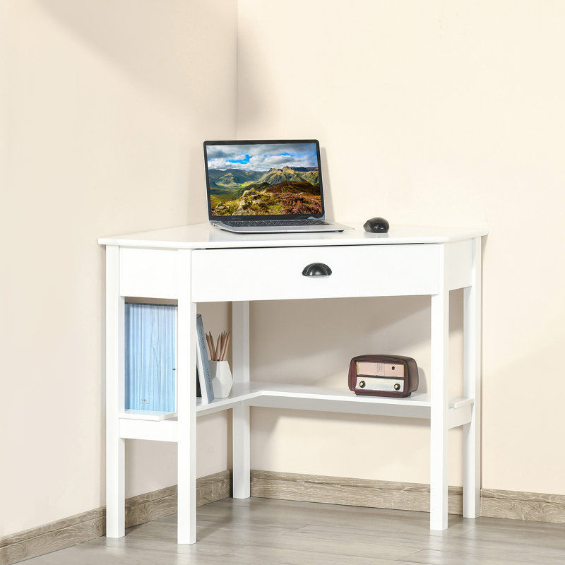 Corner Desk, Triangle Computer Desk With Drawer And Storage Shelves For Small Spaces, Home Office Workstation For Living Room, Or Bedroom, White