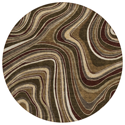 Tapis d'intérieur rond lavable abstrait brun et ivoire 8 pi