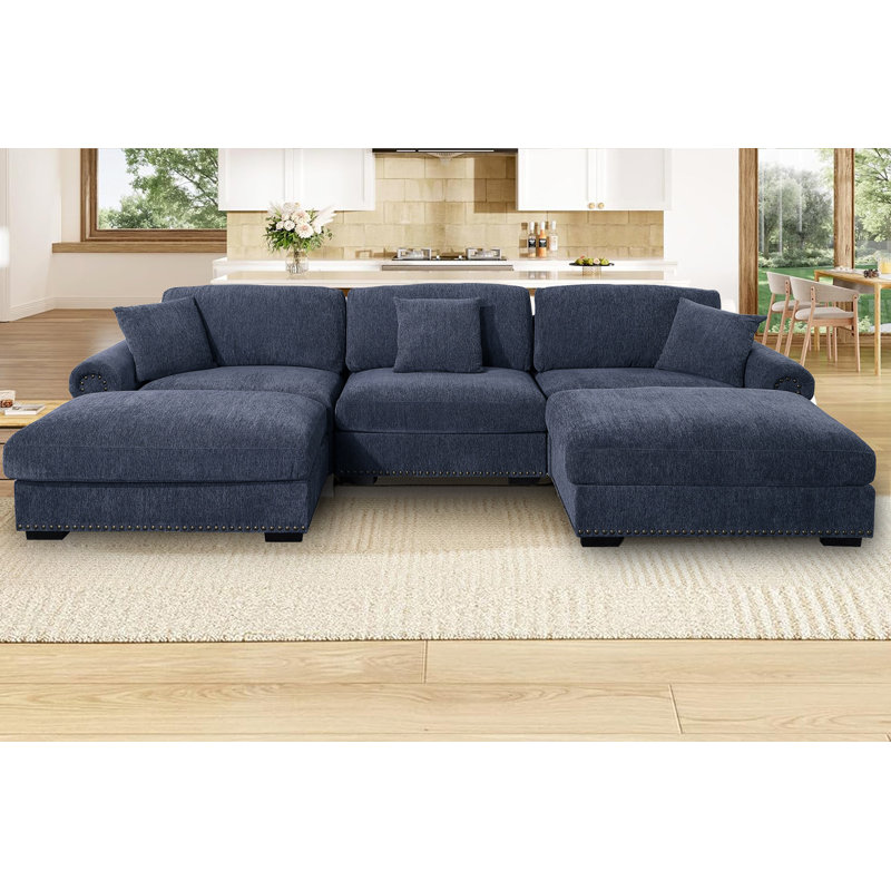 Upholstered 5 Seat U Shaped Sleeper Cloud Couch & Reversible Ottomans, Dark Blue Chenille