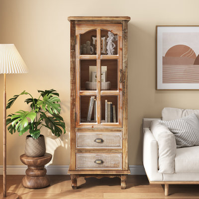 Rustic Wooden Storage Cabinet with Decorative Cutout Door & 3 Drawers, Tall Narrow Organizer for Living Room, Bedroom(natural + antique white)