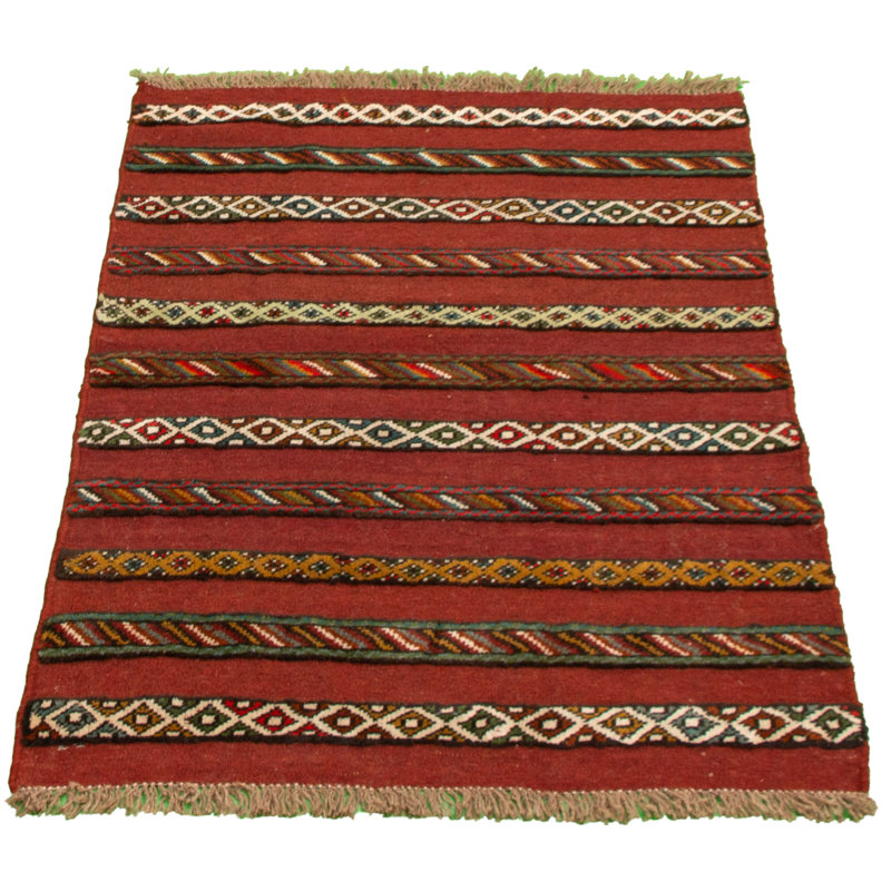 Tapis rouge foncé / brun en laine noué à la main