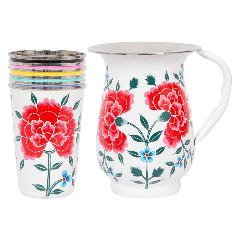 East Urban Home Hand-Painted Picnic Water Jug with 400ml Multicolour Cups - 1.7L - Raspberry Peony, White