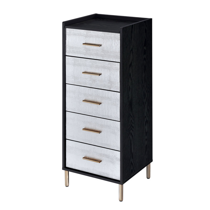 Myles Contemporary Rectangular 4-Drawer Jewelry Armoire with Metal Legs, Black/Silver/Gold