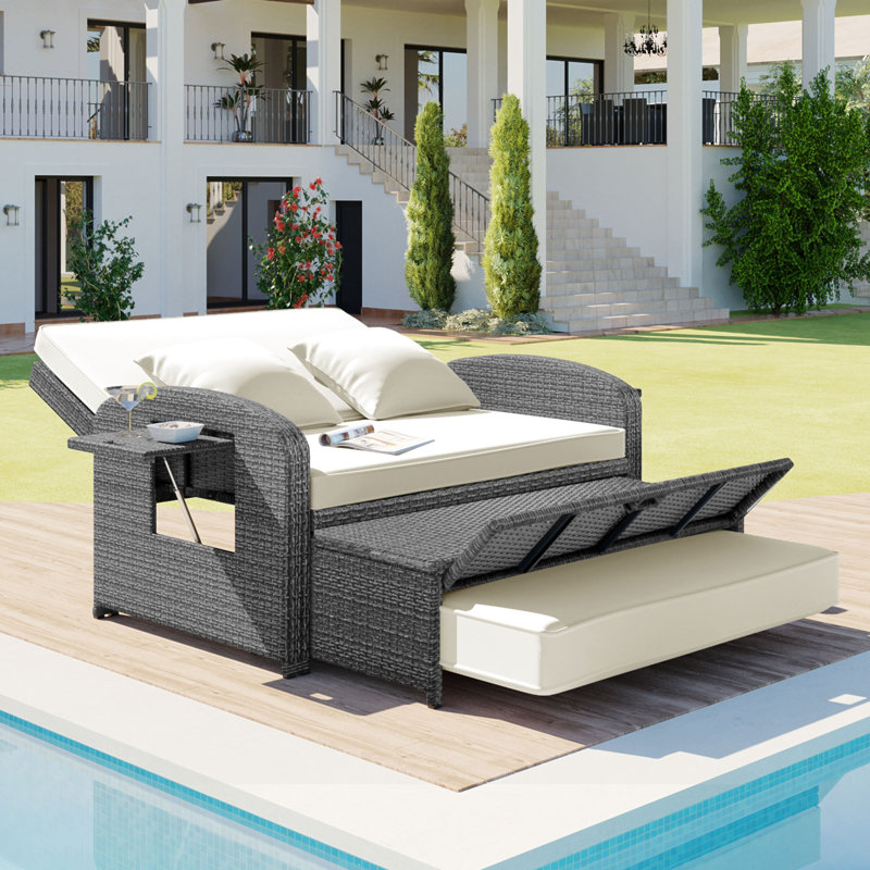 PE Wicker Rattan Double Chaise Lounge, 2-Person Reclining Daybed With Adjustable Back And Cushions, Free Furniture Protection Cover