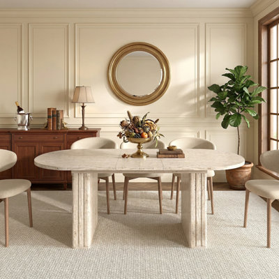 Extendable Oval Kitchen Dining Table For 4-8 People, Wood Strip Base Faux Travertine Inspired, Self-Storing Leaf For Family Living Room