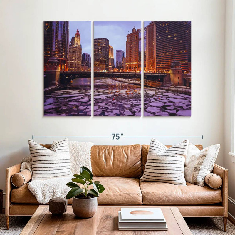 Paysage urbain de la rivière gelée Tergel Chicago, H 42 po x l 65 po
