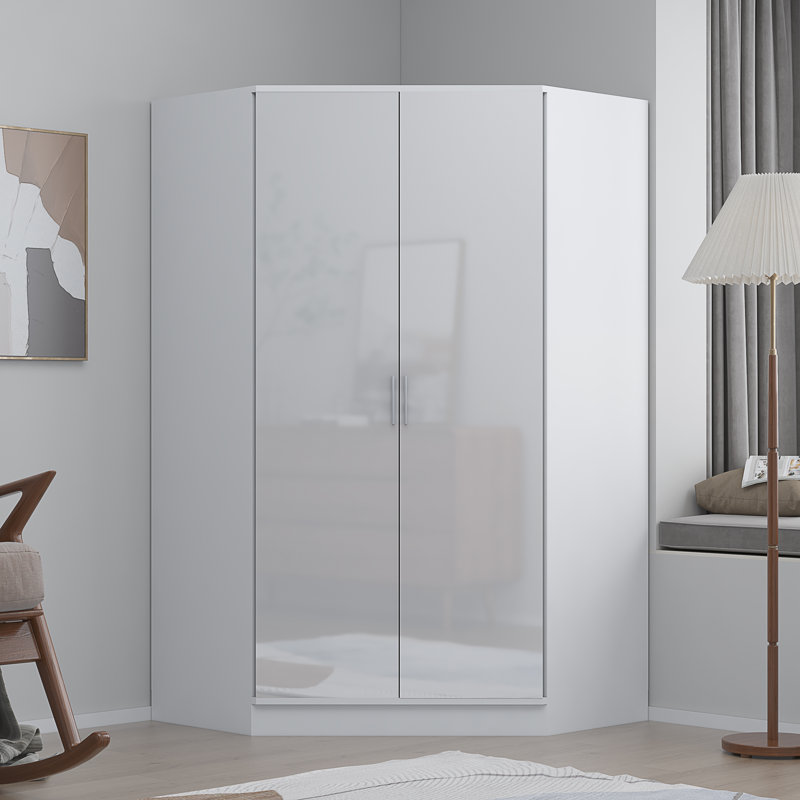 Eva High Gloss 2 Door Corner Wardrobe - H: 180cm x D: 103cm x W: 103cm , Matt White/Gloss White