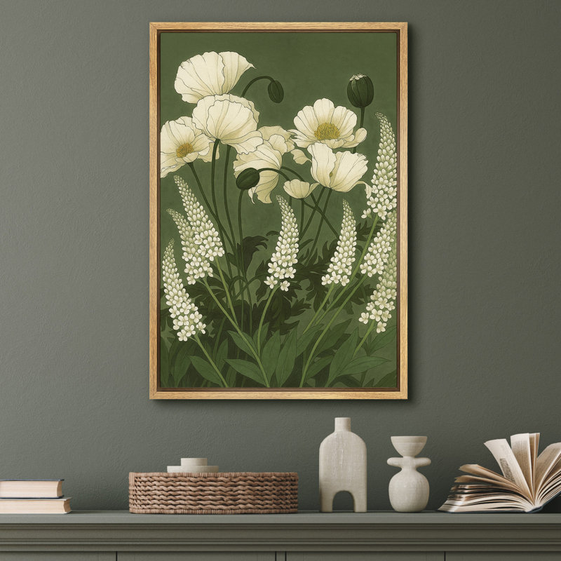 White Poppies and Spikes Canvas Print Wall Art - Elegant Botanical Decor for Living Room or Entryway, Natural, 36" H x 24" W